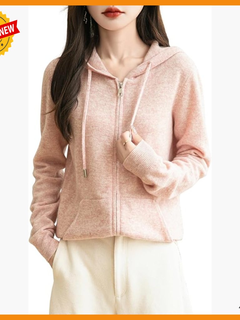 Merino Wool Zip Up Hoodie Cardigan With Pocket, Warm Long Sleeve